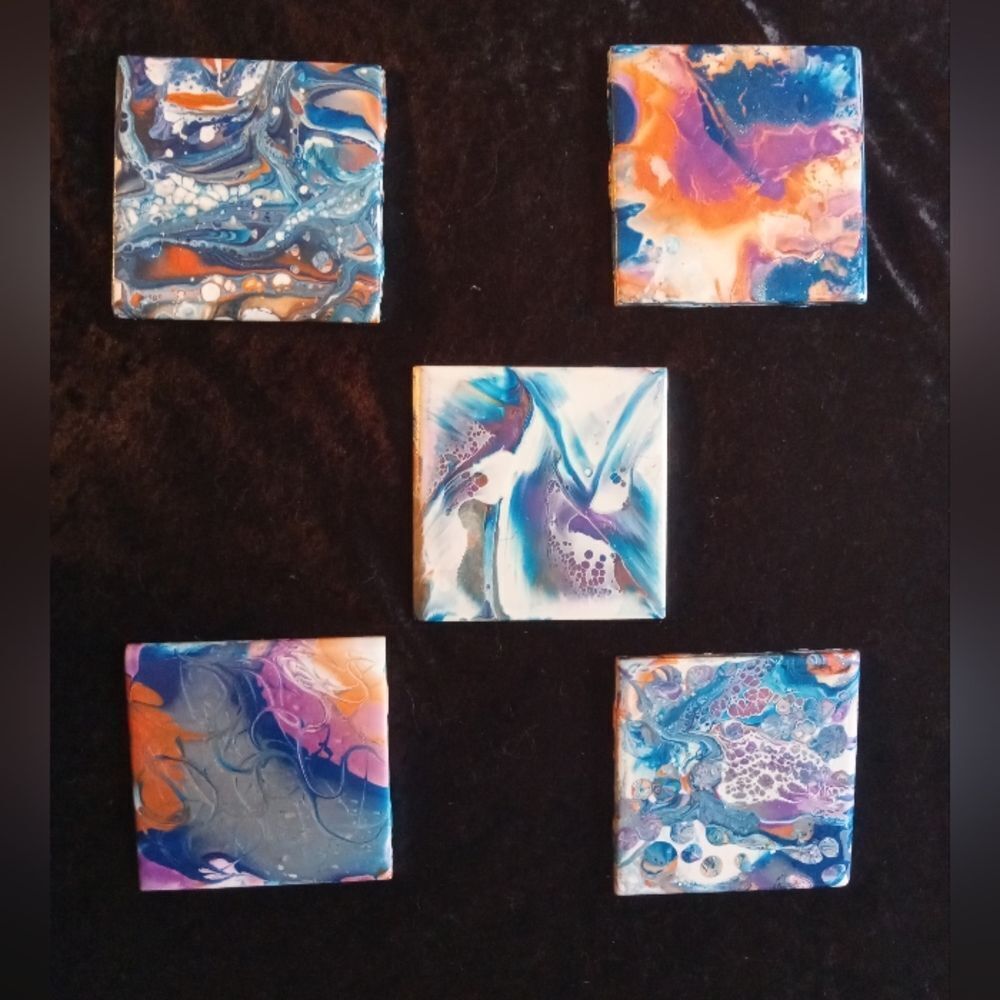 5 UNIQUE 4"x4" PAINT POUR PORCELAIN COASTERS